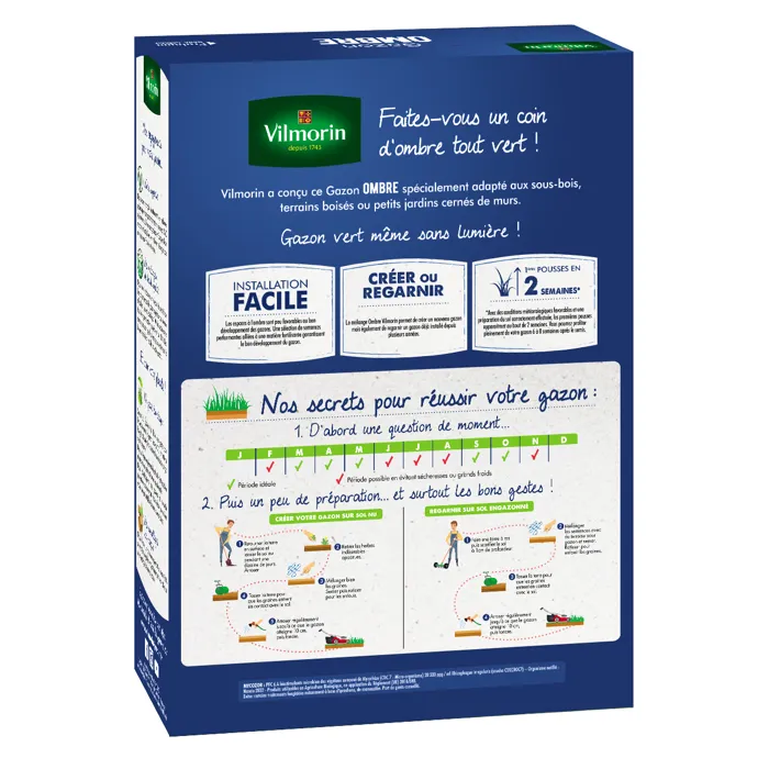 Vilmorin Gazon Ombre 1 kg - Gazon pour zones ombragées, sous-bois et jardins avec peu de lumière - Semences adaptées aux terrains boisés