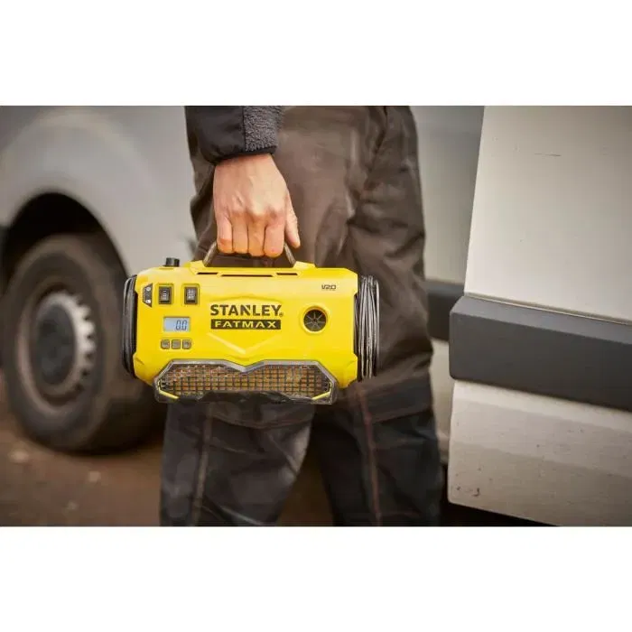 Stanley Fatmax Gonfleur Compresseur SFMCE520B-QW - 18V - 11 bars - Alimentation Batterie V20, Secteur 220V ou 12V Voiture - Fonction Arrêt Automatique