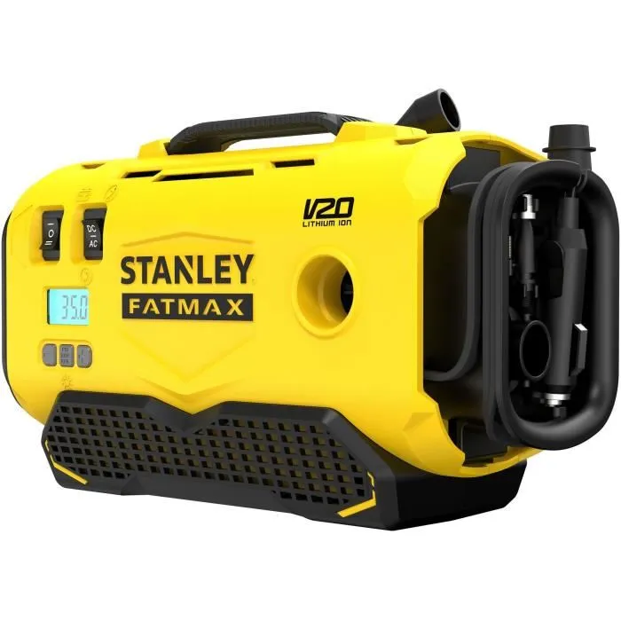 Stanley Fatmax Gonfleur Compresseur SFMCE520B-QW - 18V - 11 bars - Alimentation Batterie V20, Secteur 220V ou 12V Voiture - Fonction Arrêt Automatique