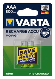 VARTA 56703101402 - Piles rechargeables NiMH HR03 AAA 800 mAh, pack de 2, prêtes à l'emploi, Accu Power