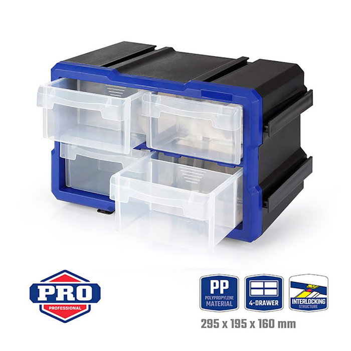 Workpro Organisateur empilable de 4 tiroirs, bleu, en polypropylène, 295 x 195 x 160 mm Workpro Organisateur empilable de 4 tiroirs, bleu, en polypropylène, 295 x 195 x 160 mm