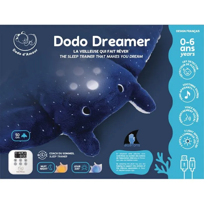 Dodo D'Amour Raie dodo dreamer 141532 - Peluche veilleuse et Sleep trainer pour bébé, avec projecteur LED, détection des pleurs, berceuses et recharge USB-C