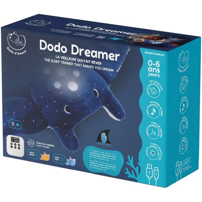 Dodo D'Amour Raie dodo dreamer 141532 - Peluche veilleuse et Sleep trainer pour bébé, avec projecteur LED, détection des pleurs, berceuses et recharge USB-C