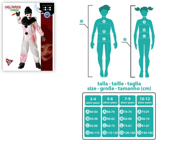 Déguisement Enfant 3-4 Ans Payasso Sanglant Blanc avec Col, Halloween, Homme, Polyester
