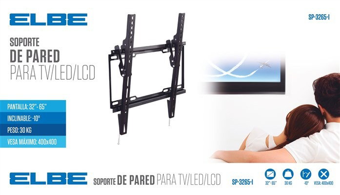Elbe SP-3265-I Support mural inclinable pour TV 32 à 65 pouces, charge max 30 kg, inclinaison 10°, compatible VESA, noir