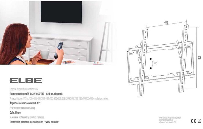 Elbe SP-3265-I Support mural inclinable pour TV 32 à 65 pouces, charge max 30 kg, inclinaison 10°, compatible VESA, noir