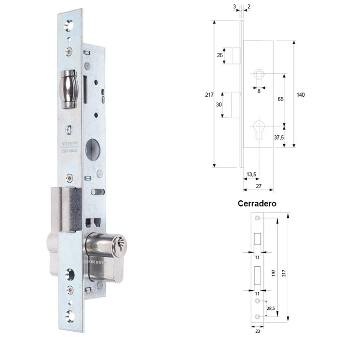TESA Serrure 2206-hz/15 avec cylindre te-5 5200 30 30 l