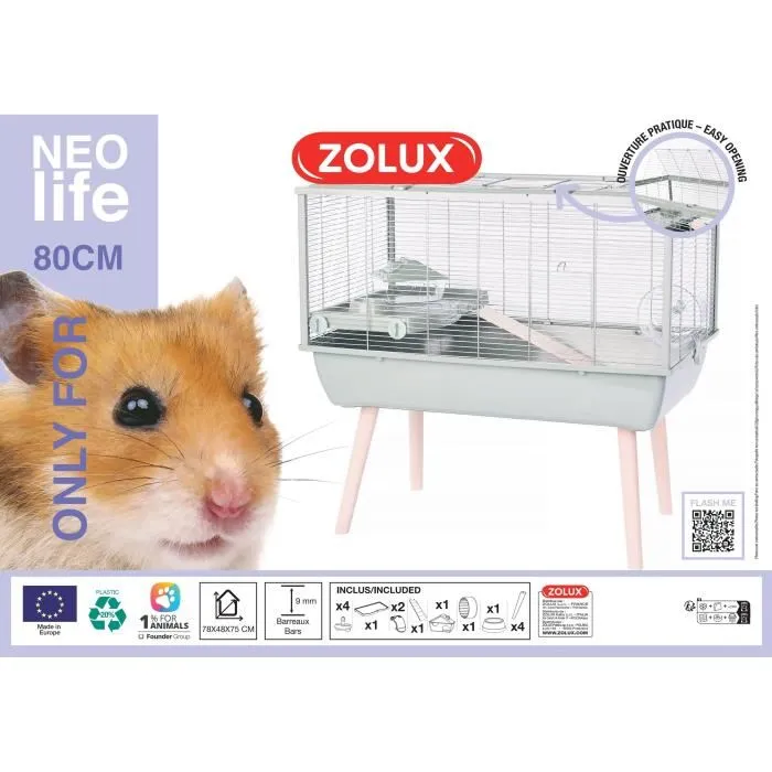 ZOLUX NÉOLIFE Cage surélevée pour hamster avec échelle, roue et accessoires - 78 x 48 x 75 cm - Vert - Fabriqué en Europe