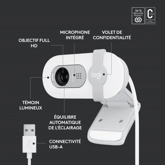 Logitech Brio 100 - Webcam Full HD 1080p, Microphone intégré, Équilibrage automatique de l'éclairage - Blanc