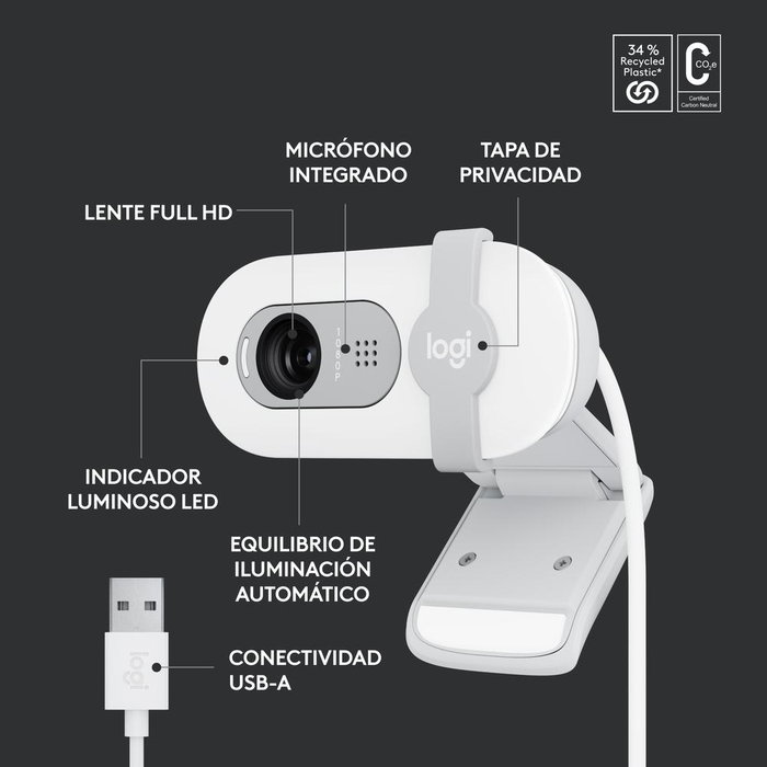 Logitech Brio 100 Webcam 1080p Full HD avec micro, blanc - Caméra USB pour visioconférence