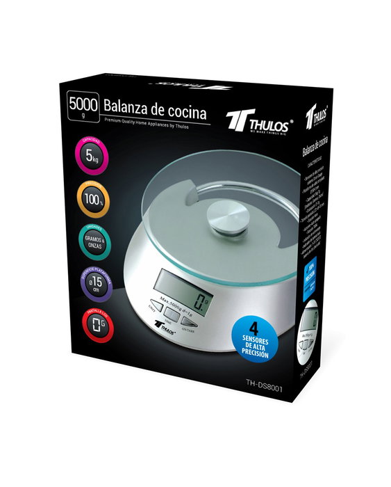 Thulos TH-DS8001 Balance de cuisine numérique 5 kg avec plateau en verre trempé et écran LCD