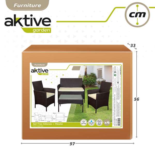 Color Baby Conjunto de sofa Actif Canapé 3 places (108x59x76 cm) + 2 fauteuils (59x76 cm) + table basse en verre (85x45x41 cm) en acier et rotin