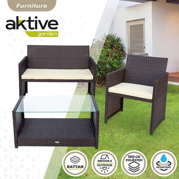 Color Baby Conjunto de sofa Actif Canapé 3 places (108x59x76 cm) + 2 fauteuils (59x76 cm) + table basse en verre (85x45x41 cm) en acier et rotin