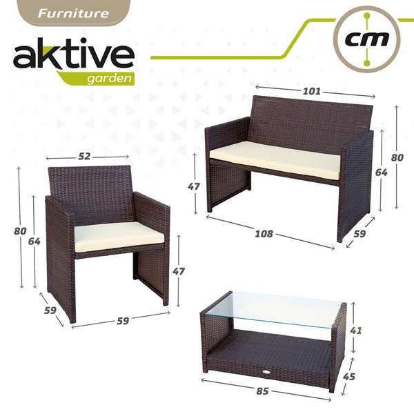 Color Baby Conjunto de sofa Actif Canapé 3 places (108x59x76 cm) + 2 fauteuils (59x76 cm) + table basse en verre (85x45x41 cm) en acier et rotin