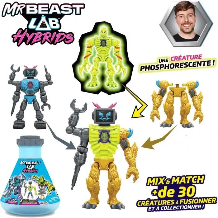 MrBeast Lab - Pack de 2 figurines HYBRIDES Mix & Match à fusionner - Inclut des parties du dragon doré - Plus de 30 créatures à collectionner MrBeast Lab - Pack de 2 figurines HYBRIDES Mix & Match à fusionner - Inclut des parties du dragon doré - Plus de 30 créatures à collectionner