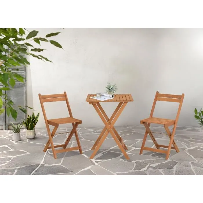 SAVANA - Ensemble de jardin en bois d'acacia certifié FSC - Table bistrot carrée 60x60 cm et 2 chaises pliantes - Set 2 personnes