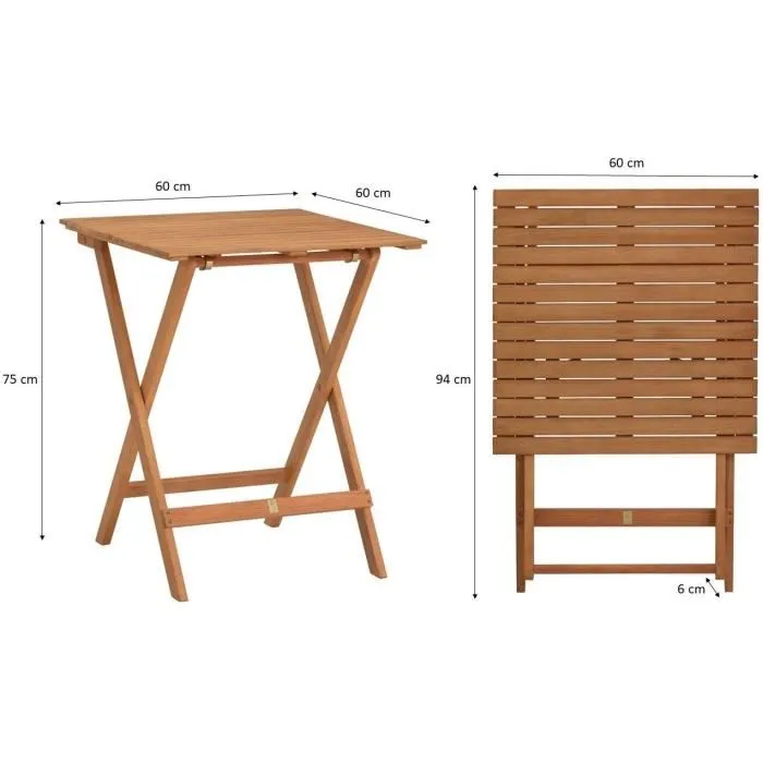 SAVANA - Ensemble de jardin en bois d'acacia certifié FSC - Table bistrot carrée 60x60 cm et 2 chaises pliantes - Set 2 personnes