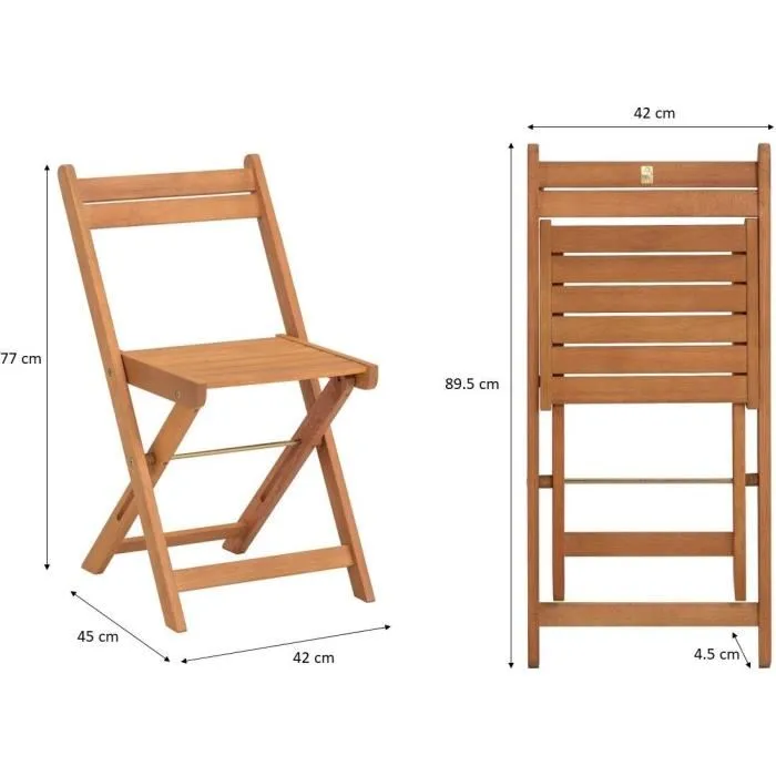 SAVANA - Ensemble de jardin en bois d'acacia certifié FSC - Table bistrot carrée 60x60 cm et 2 chaises pliantes - Set 2 personnes