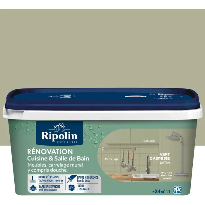 Ripolin - Peinture rénovation cuisine et salle de bain 2L - Vert gaspésie - Finition satinée - Haute résistance aux taches et lessivable