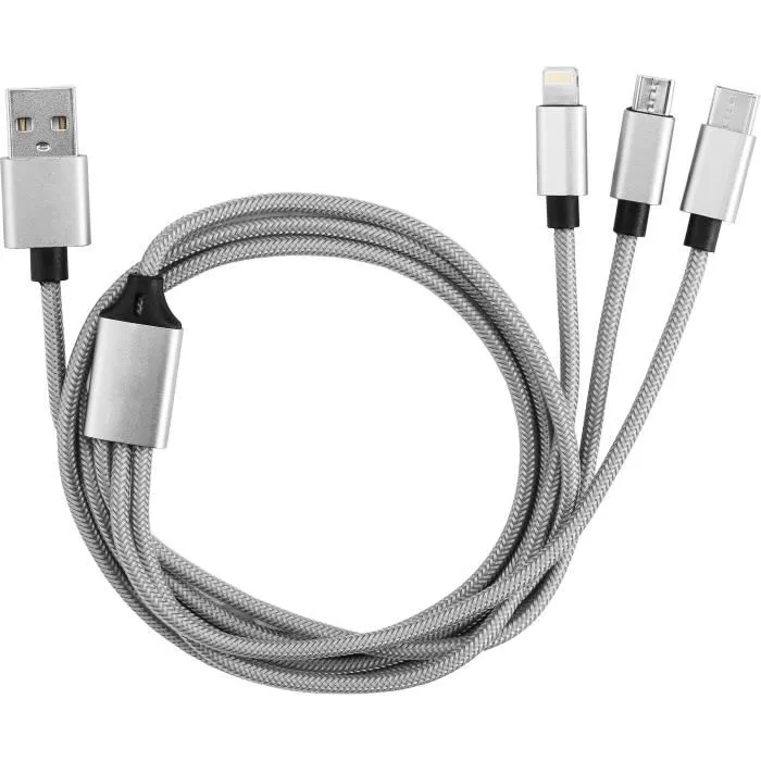 GAO Kit de voyage chargeur 3-en-1 : Câble Lightning/micro USB/Type C 1 m, chargeur mural et allume-cigare USB A avec étui de rangement