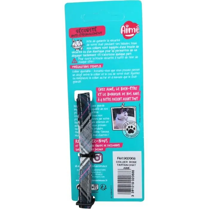 AIMÉ - Collier pour chat - Tartan rose avec tissu jean bleu, fleur en cuir caramel et grelot doré, ajustable et sécurisé