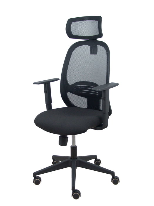 Silla de oficina Cilanco con mecanismo Sincro tapizada con Tela color Negro. Equipada con lumbar 1D, Brazos 1D, Cabecero 2D y Ruedas de parqué