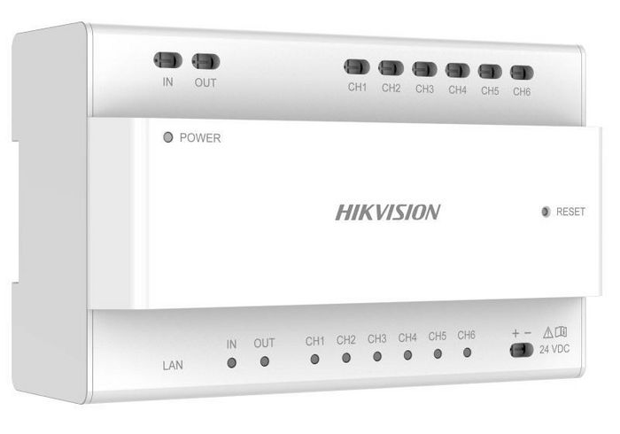 Hikvision Distributeur bi-filaire IP 6 ports pour DS-KAD706Y & DS-KAD706Y-S avec interface RJ-45, montage sur rail DIN, alimentation 24VDC