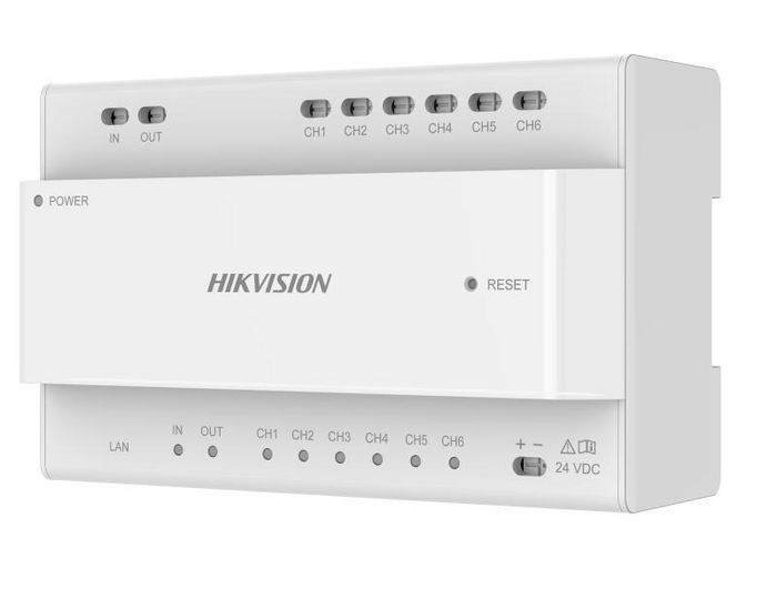 Hikvision Distributeur bi-filaire IP 6 ports pour DS-KAD706Y & DS-KAD706Y-S avec interface RJ-45, montage sur rail DIN, alimentation 24VDC