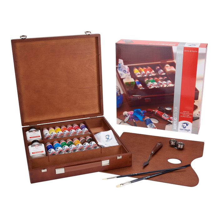 Van Gogh Coffret Inspiration de peintures acryliques avec 14 couleurs et accessoires en caisse en bois Van Gogh Coffret Inspiration de peintures acryliques avec 14 couleurs et accessoires en caisse en bois