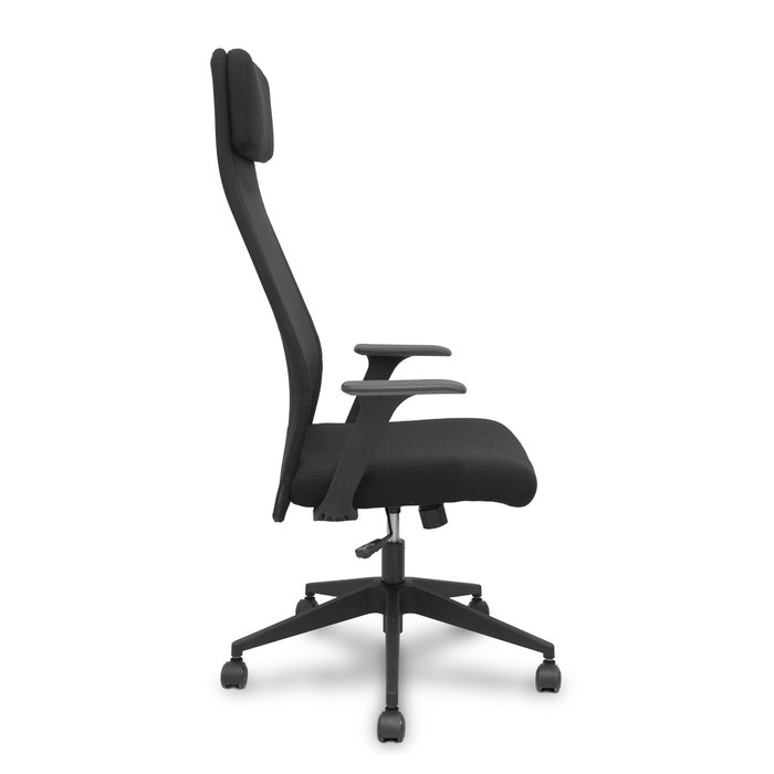 Chaise Pro536 Mécanisme d'inclinaison tissu Noir Base pyramidale noire Accoudoirs fixes Appui-tête Roulettes en nylon 50 mm