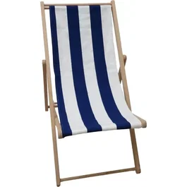 Jardin Privé Chilienne agrafée JARDIN PRIVE - Transat en bois massif hêtre avec toile polyester déperlant 230gr/m² rayures bleu et blanc - 3 positions inclinaison pour jardin
