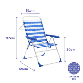 Marbueno 10315 Chaise Pliante Aluminium 5 Positions Rayures Bleu et Blanc Plage Piscine 59x61x97 cm
