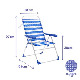 Marbueno Chaise Pliante 5 Positions Aluminium Rayures Bleu et Blanc