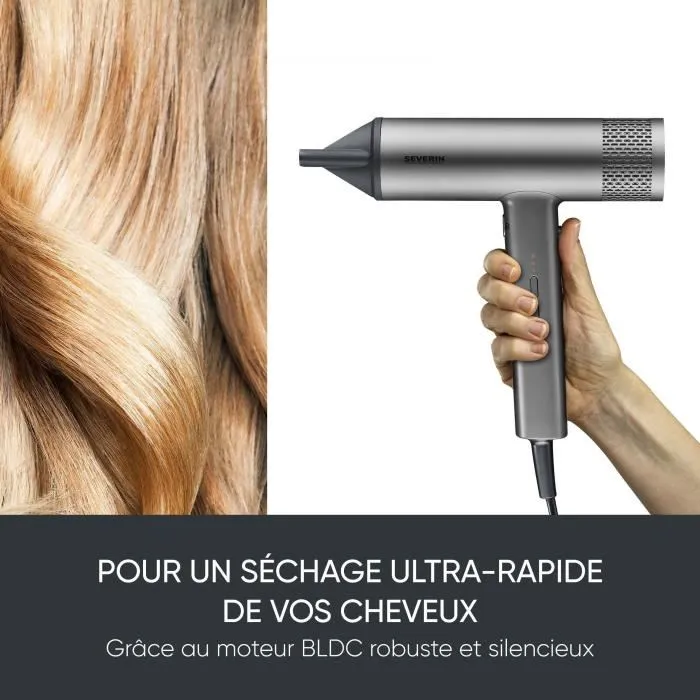 Severin HT 0169 Sèche-cheveux Professionnel S-Style Speed Pro - 2000 W - Technologie Ionique et Moteur BLDC - Avec Accessoires Magnétiques (Concentrateur & Diffuseur) - Gris et Noir