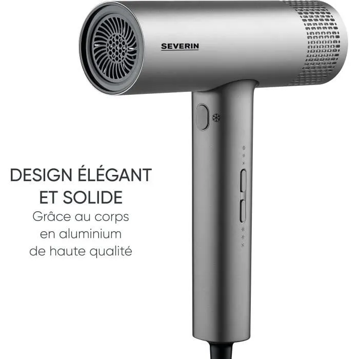 Severin HT 0169 Sèche-cheveux Professionnel S-Style Speed Pro - 2000 W - Technologie Ionique et Moteur BLDC - Avec Accessoires Magnétiques (Concentrateur & Diffuseur) - Gris et Noir