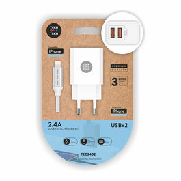 Chargeur Mural + Câble Lightning MFI Tech One Tech TEC2402 Blanc Double Lightning