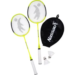 Nassau Set de Badminton Neon pour 2 Joueurs, 2 Raquettes Acier 120g, 2 Volants Jupe Plastique et Embout Mousse