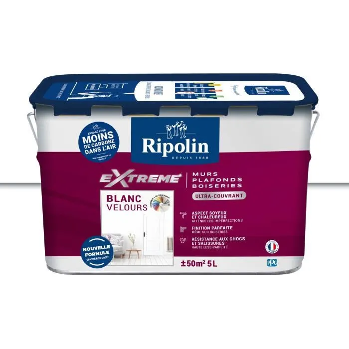 Ripolin - Peinture Extreme murs et plafonds Blanc Velours, 5 L - Ultra couvrante, atténue les imperfections, finition velours