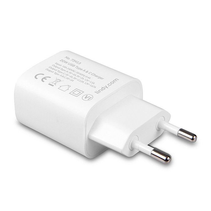 Lindy Chargeur USB double port Type-A et Type-C 20W Power Delivery avec charge rapide et sécurité