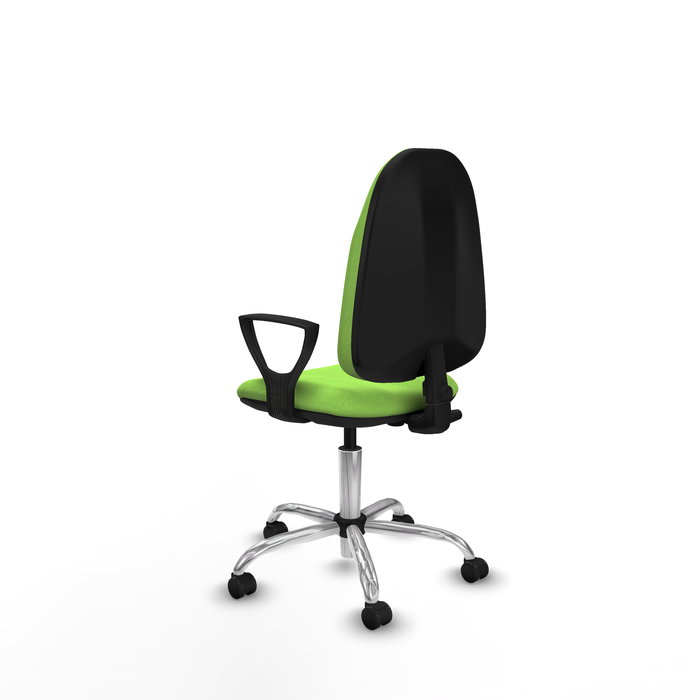 Chaise de bureau Algarra avec mécanisme de contact permanent de base, recouverte de tissu couleur pistache. Équipée d'une base chromée, d'accoudoirs fixes et de roulettes pour parquet.