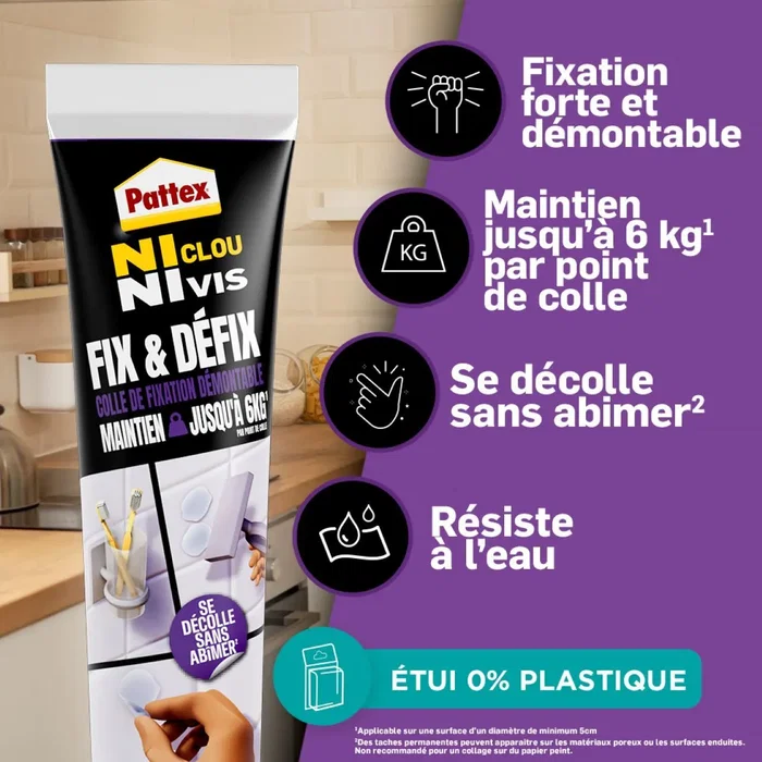 Pattex 2970856 - Colle Fixation Ni Clou Ni Vis Fix & Dédéfix - Pour Intérieur & Extérieur - Transparente & Démontable - Tube 44g