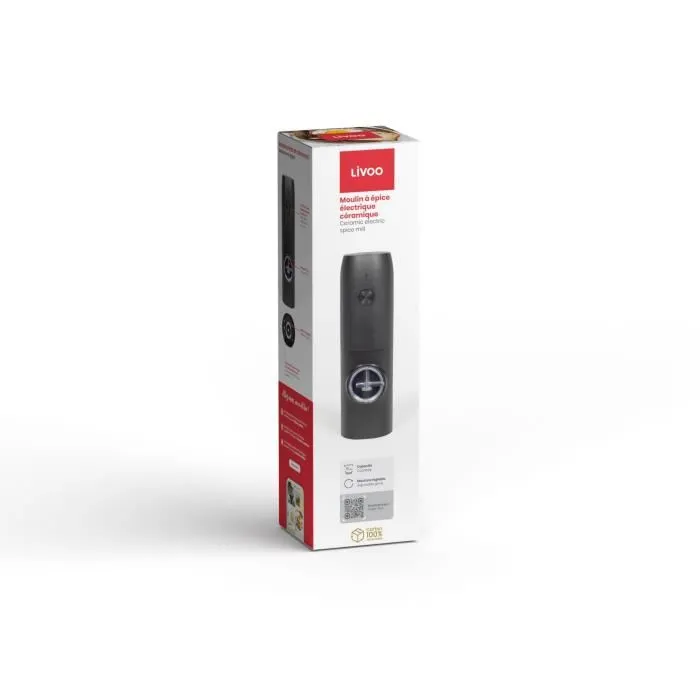 Livoo GS160 Moulin à Épices Électrique Rechargeable - Meule Céramique Réglable, 25W, 70ml, Lumière LED
