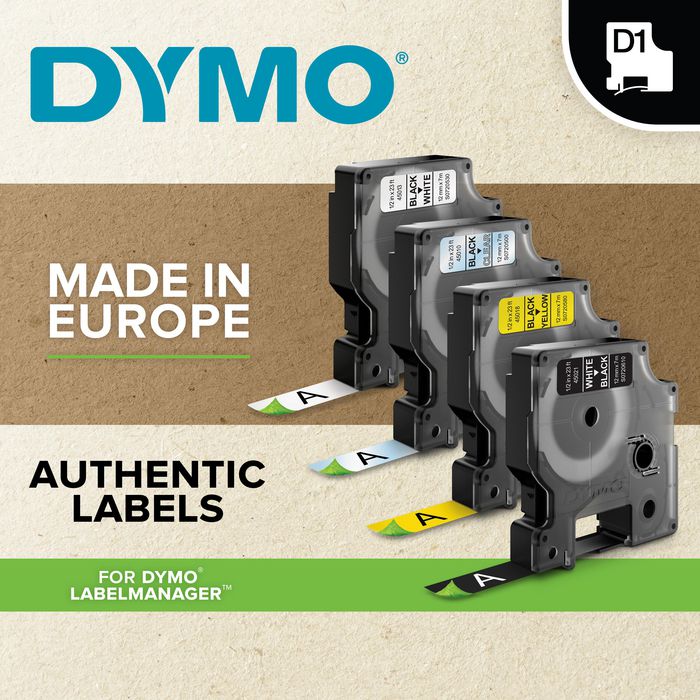 DYMO D1 - Étiquettes polyester standard - Blanc sur noir - 12 mm x 7 m - Pour classement et rangement