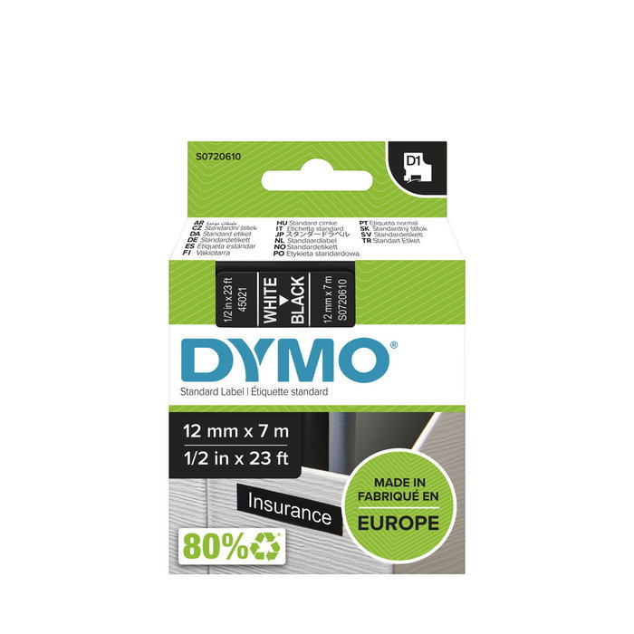 DYMO Ruban D1 Standard Blanc sur noir 12mm x 7m
