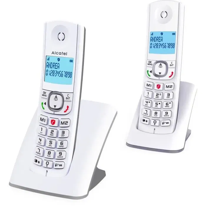 Alcatel F530 Duo - Téléphone DECT sans fil avec 2 combinés, écran rétroéclairé, fonction blocage d'appels, mains libres, 2 mémoires directes, Blanc/Gris