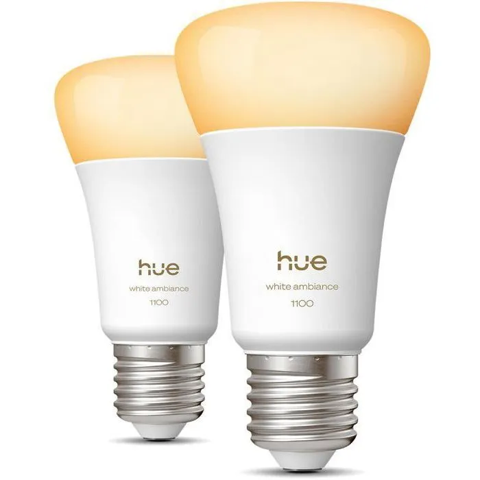 Philips Hue - Pack de 2 ampoules LED connectées A60, culot E27, 8.1W, lumière blanche chaude réglable 1000-2000K, 1100 lumens Philips Hue - Pack de 2 ampoules LED connectées A60, culot E27, 8.1W, lumière blanche chaude réglable 1000-2000K, 1100 lumens