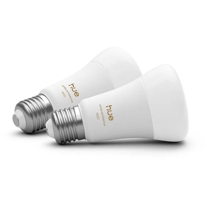 Philips Hue - Pack de 2 ampoules LED connectées A60, culot E27, 8.1W, lumière blanche chaude réglable 1000-2000K, 1100 lumens Philips Hue - Pack de 2 ampoules LED connectées A60, culot E27, 8.1W, lumière blanche chaude réglable 1000-2000K, 1100 lumens