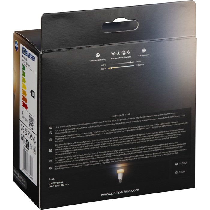 Philips Hue Pack de 2 ampoules LED connectées A60, Lumière blanche chaude, E27 Philips Hue Pack de 2 ampoules LED connectées A60, Lumière blanche chaude, E27