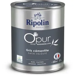 Ripolin Peinture O'PUR 472185 - Gris cementite Satin velouté 2 L - Acrylique pour murs, boiseries et radiateurs - Ecolabel, biosourcée 97%