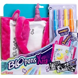 Lansay Styl'bag Blopens - Kit créatif avec 4 feutres souffleurs, 5 pochoirs et 1 sac à colorier licorne - Jeu aérographique lavable pour enfants dès 6 ans